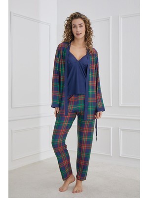 Kadın Ekose Desenli Ip Askılı Sabahlıklı 3'lü Pijama Takım | Lacivert 30201-966