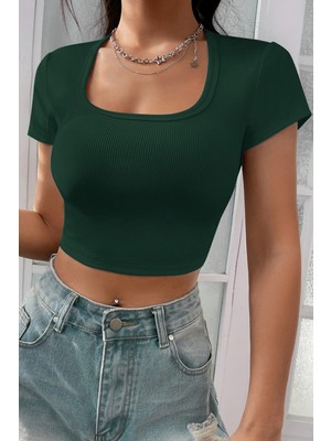 Kadın Yeşil Yarım Kol Düz Yaka Crop Top Bluz