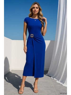 La Mode Istanbul Kadın Sandy Kumaş Metal Toka Detaylı Midi Boy Elbise