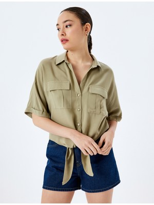 Koton Bağlama Detaylı Viskon Kısa Kollu Crop Oversize Gömlek