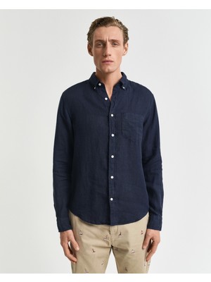 Gant Erkek Lacivert Regular Fit Düğmeli Yaka Keten Gömlek 3240120.433