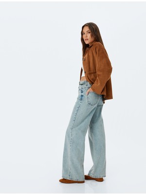 Koton Geniş Paça Kemer Detaylı Cepli Normal Bel Kot Pantolon - Wide Leg Jean