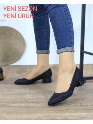 Kadın Ayakkabı Simli Sitiletto Kısa Topuklu Klasik Günlük Ayakkabı 3 cm