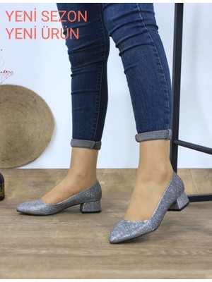 Kadın Ayakkabı Simli Sitiletto Kısa Topuklu Klasik Günlük Ayakkabı 3 cm