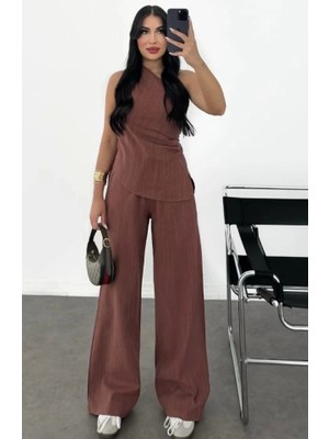 Keten Asimetrik Tek Omuzlu Bluz Pantalon Takım- Bordo