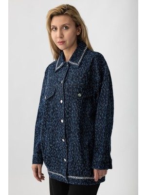 5474 - Yaka Nakış Detaylı Rahat Şık Kadın Kot Ceket