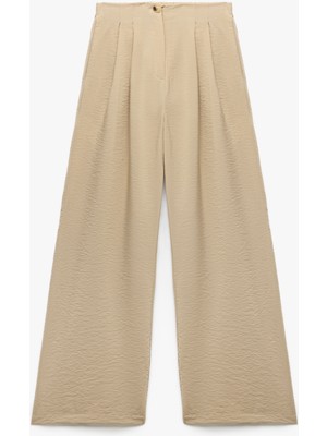 Koton Geniş Paça Beli Lastikli Düğmeli Pileli Viskon Pantolon