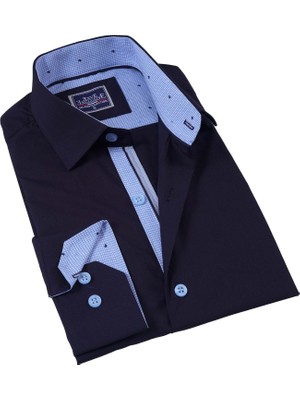 Lacivert Yaka ve Manşet Içi Mavi Desenli Slim Fit Erkek Gömlek