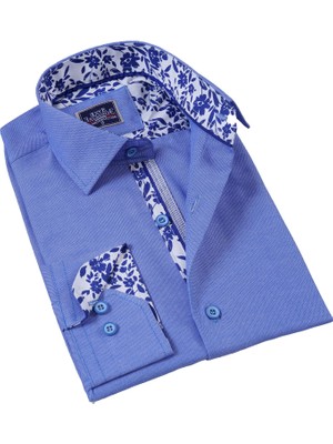 Exve Exclusive Bordo Yaka ve Manşet Içi Beyaz Şal Desen Detaylı Slim Fit Erkek Gömlek