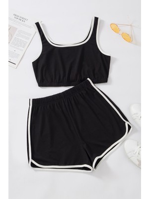Kadın Siyah Askılı Crop Top ve Şortlu Gecelik Takım