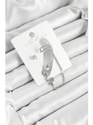 Pirinç Yılan Figürlü Zirkon Taşlı Gümüş Renk 3'lü Kıkırdak Kadın Küpe Set - Lisinya