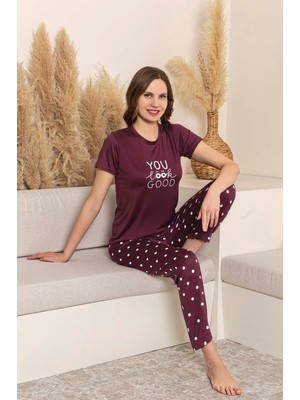 Kadın Desenli Bisiklet Yaka Düğmesiz Milan Yazlık Kısa Kol Pijama Takımı