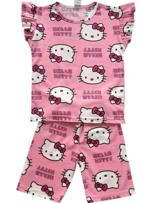 Kız Çocuk Pamuklu Pembe Renk Sevimli Desen Kısa Kollu Yazlık Şortlu Pijama Takımı