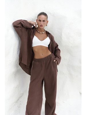 Mai Orchidea Oversize Kahve Keten Gömlek Takım