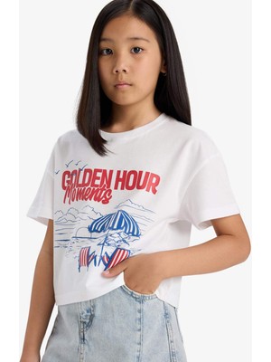 DeFacto Boxy Fit Bisiklet Yaka Baskılı Kısa Kollu Tişört Kız Çocuk E0391A825SM