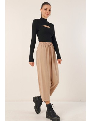 Gökyüzü Moda 6591 Dokuma Şalvar Pantolon - Bisküvi