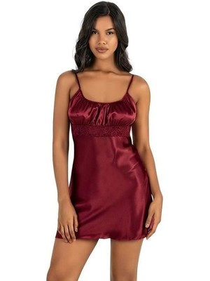 Bordo Kısa Saten Gecelik 8208