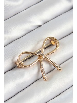 Zirkon Taş Detaylı 3D Fiyonk Figürlü Gold Renk Kadın Broş - TJ-BR442