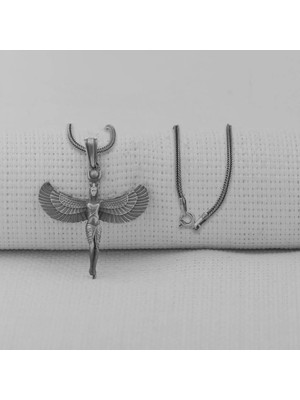 Antik Mısır Tanrıcası Isis Figürlü Üç Boyutlu 925 Ayar Gümüş Erkek Kolye