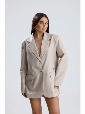 Isawella Üç Cepli Önü Düğmeli Oversize Blazer Ceket - Bej