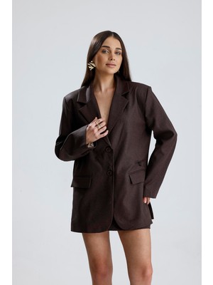 Isawella Üç Cepli Önü Düğmeli Oversize Blazer Ceket - Kahverengi