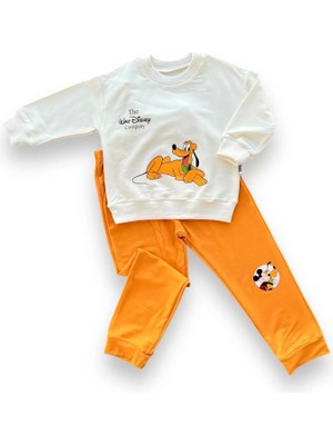 6-9-12-18 Ay Köpek Baskılı Pamuk Penye Kumaş Erkek Bebek Takımı Turuncu