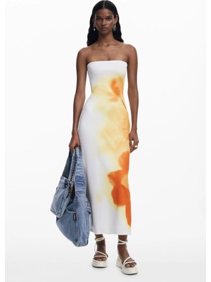 Desigual Straplez Yaka Desenli Beyaz Uzun Kadın Elbise 25SWVK49