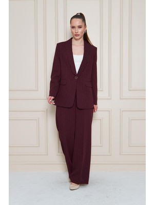 Şal Yaka Çizgili Krep Takım Mürdüm