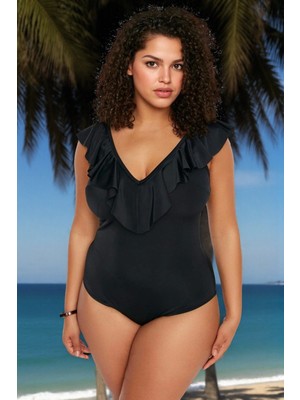 Tam Koruma Sağlayan Konforlu Plus Size Mayo Volanlı Tasarım Büyük Beden Rahat Kesim