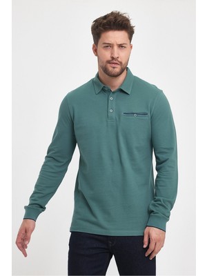 Erkek Uzun Basic Polo Yaka Cepli Düz Sarı Sweatshirt