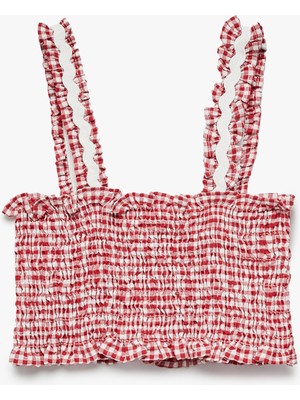 Koton Gipeli Kare Yaka Askılı Pötikare Crop Bluz