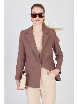 Kahverengi Keten Görünümlü %100 Pamuk Astarlı Blazer Ceket 6023-3
