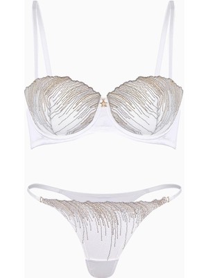 Simli Nakışlı Tül Sütyen Külot Takım - Kapsız - Fashion - 2584 - Ekru