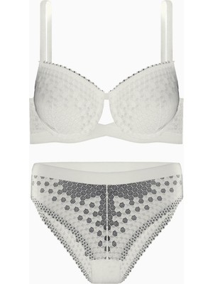 Çapraz Lastik Detaylı Dantelli Dekolte Sütyen Külot Takım - Dolgusuz - Fashion - 2511 - Ekru