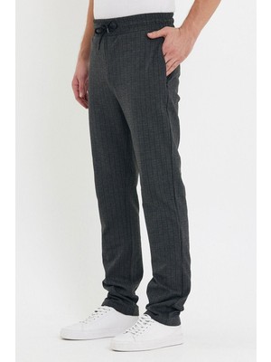 Erkek Çizgili Bel Lastikli Chino Bol Lacivert Pantolon