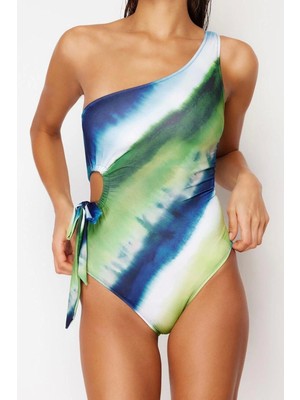Kadın Moda Atma Kap Askılı Brief Yaka Çizgili Tek Omuz Bağlamalı High Leg Regular Mayo