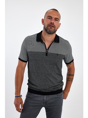 Erkek Polo Yaka Yarım Fermuarlı Kısa Kol Siyah Tişört