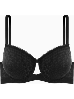 Wonna Çapraz Lastik Detaylı Dantelli Dekolte Sütyen 75B Siyah - Double Push Up Destekli Kumaş