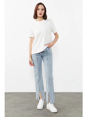 Kadın Kar Yıkama Strıngt Yırtmaçlı Jean Ispanyol Paça Ön Yırtmaçlı Kot Pantolon