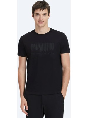 Siyah Baskılı Bisiklet Yaka %100 Pamuk T-Shirt