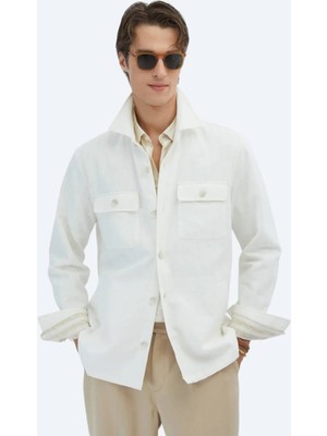 Bej Regular Fit Dokuma Pamuk Karışımlı Overshırt