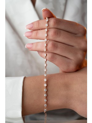 925 Ayar Gümüş Rose Beyaz Taşlı Yuvarlak Tasarım Bileklik