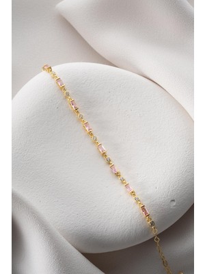 925 Ayar Gümüş Gold Sıralı Pembe Taşlı Baget Model Bileklik