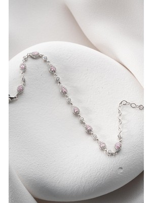 925 Ayar Gümüş Rodyumlu Sıralı Pembe Taşlı Damla Model Bileklik