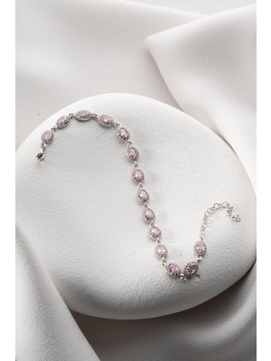 925 Ayar Gümüş Rodyumlu Sıralı Pembe Taşlı Oval Model Bileklik