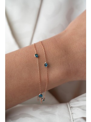 925 Ayar Gümüş Rose 2 Sıra Zincirli Nazar Göz Bileklik