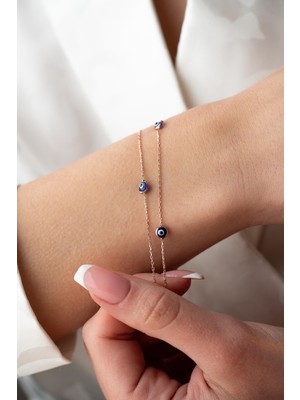 925 Ayar Gümüş Rose Mavi Renkli 2 Sıra Zincirli Nazar Göz Bileklik