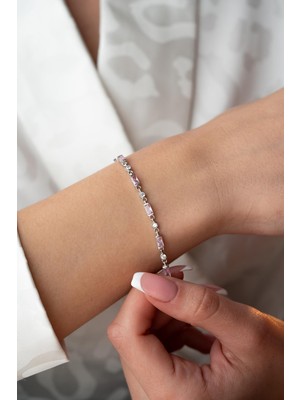 925 Ayar Gümüş Rodyumlu Sıralı Pembe Taşlı Baget Model Bileklik