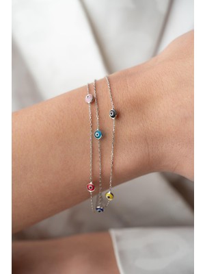 925 Ayar Gümüş Rodyumlu Mix Renkli 3 Sıra Zincirli Nazar Göz Bileklik