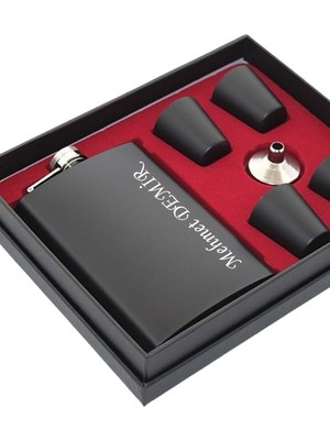 Deco Elit Kişiye Özel Çelik Matara  Seti Siyah Içecek Matarası 4 Shot Bardaklı